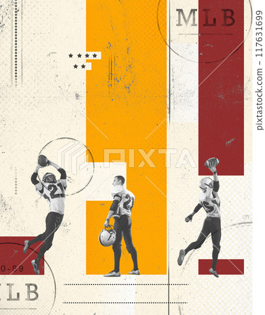 Poster. Contemporary artwork. Football players in action poses, highlighted by vibrant color blocks. Paper texture. Vintage style design. 117631699