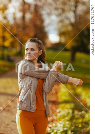 elegant woman in fitness clothes in park stretching 117631764