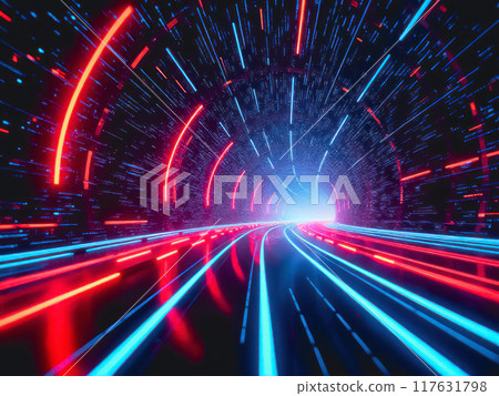 Glowing highway tunnel futuristic night touring game screen 117631798