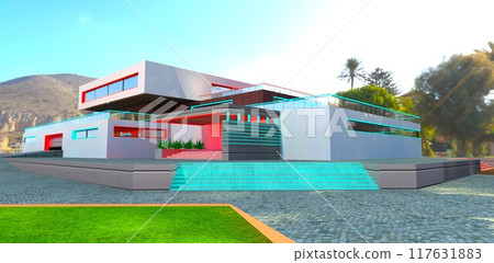 A masterpiece by Sicilian designers of luxury countryside real estate. Wonderful tropical landscape bathed in bright sunlight. 3D rendering. 117631883