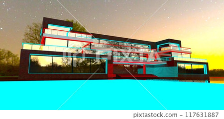 Combination of red and turquoise for nighttime lighting of stylish luxury real estate. Elegant home with a pool. 3D rendering 117631887