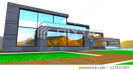 Flagstone pathways with illuminated white borders on the grounds of a private countryside estate, built in a mountainous area near Las Vegas. 3D rendering. 117631897
