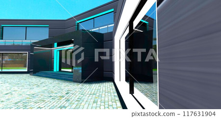 Metal as a finishing material for modern real estate. A durable and aesthetic choice. A beautiful summer day. 3D rendering. Metal as a finishing material for modern real estate. A durable and aesthetic choice. A beautiful summer day. 3D rendering. 117631904