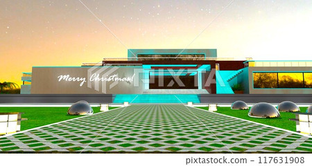 Pedestrian walkway with lawn paving leading to the entrance of a luxurious mansion. Lanterns on either side of the glowing border. Merry Christmas. 3D rendering. 117631908