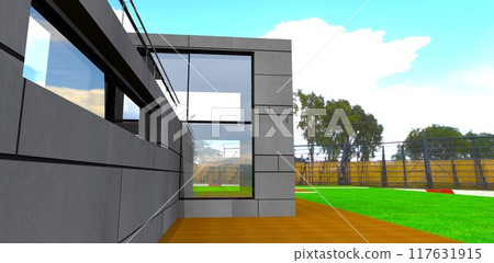 Stone composite wall finishing. Aesthetic and durable, suitable for affordable cottage construction. 3D rendering. Stone composite wall finishing. Aesthetic and durable, suitable for affordable cottage construction. 3D rendering. 117631915