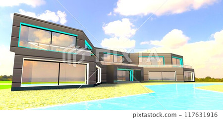 Stunning multi-family country property design. Minimalism combined with innovative finishing materials. 3D rendering. Stunning multi-family country property design. Minimalism combined with innovative finishing materials. 3D rendering. 117631916