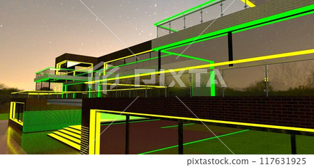 Yellow and green glowing straight lines highlight the elegance of the design of a wonderful countryside home at night. 3D rendering. 117631925