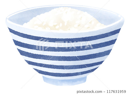 藍色條紋飯碗裡的米飯,水彩風格 藍色條紋飯碗裡的米飯,水彩風格 117631959
