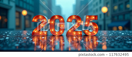 Bright 2025 numbers on urban backdrop. New Year celebration, vibrant glowing design, festive atmosphere, city skyline blurred in background, futuristic and modern holiday spirit 117632495