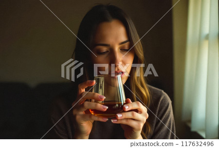 Woman holding glass of alcohol in dimly lit room, close-up on hand and drink, indoor setting, solitude drinking concept, addiction theme 117632496