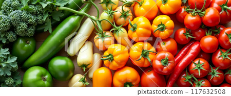 Fresh vegetables top view wide banner with various colorful veggies arranged in neat rows. Organic ingredients include tomatoes, cucumbers, bell peppers, onions, lettuce, healthy produce 117632508