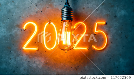 Bright Future Concept Light Bulb Neon Numbers 2025 New Year Ideas Plans Innovation Inspiration 117632509