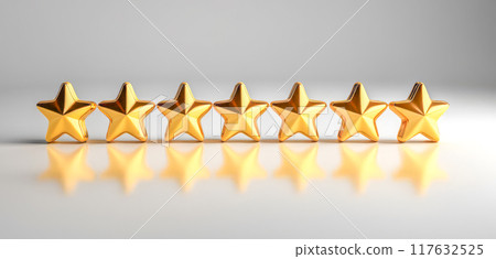 Golden stars in row, top rating, excellence symbol, high quality service, best choice, premium status, luxury feedback, customer satisfaction, shiny reflection, perfect score, achievement 117632525