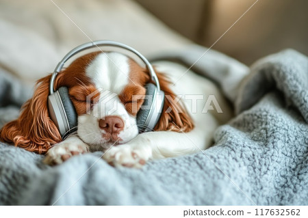 A dog is sleeping with headphones on, Lazy and relaxation A dog is sleeping with headphones on, Lazy and relaxation 117632562