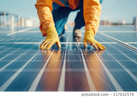 A worker wearing safety gear is placing solar panels on the roof of an office building, energy and sustainable power technology 117632578