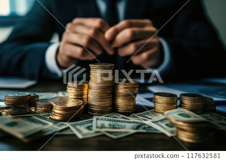 A man is holding a stack of gold coins and a stack of dollar bills. Concept of wealth and prosperity 117632581