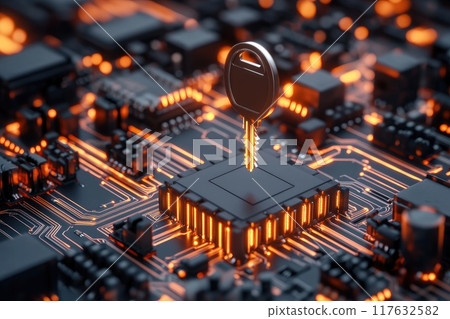 A digital key floating above a secure data network, with holographic locks, Access control and information security 117632582