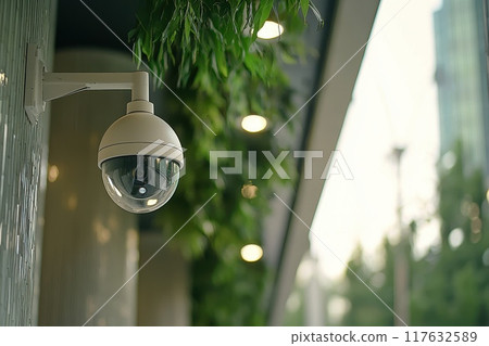 A camera is mounted on a pole in front of a green plant A camera is mounted on a pole in front of a green plant 117632589
