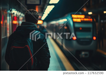 A man wearing a backpack is standing at a train station, daily routines, busy and bustling A man wearing a backpack is standing at a train station, daily routines, busy and bustling 117632590