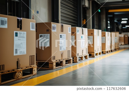 A row of cardboard boxes are stacked on pallets in a warehouse, delivery progress 117632606
