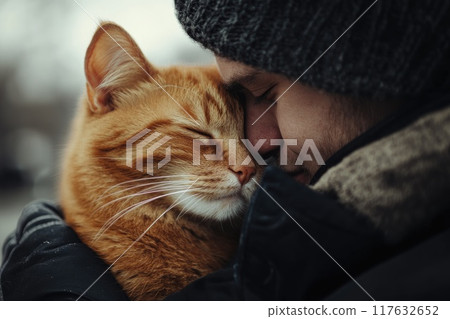 A man is hugging an orange cat, Love motion with pet, Lovely with pet A man is hugging an orange cat, Love motion with pet, Lovely with pet 117632652