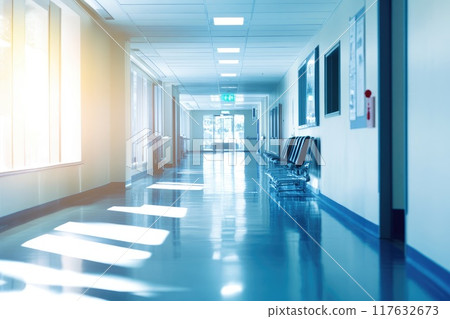 A long hallway with a bright blue floor and a few chairs 117632673