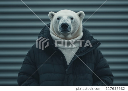 A polar bear is wearing a black coat and a white sweater, playful and humorous mood 117632682