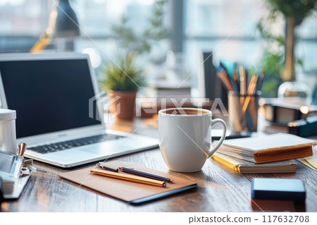 A white coffee mug sits on a wooden desk next to a laptop, daily routine office workers A white coffee mug sits on a wooden desk next to a laptop, daily routine office workers 117632708