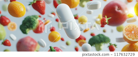 A pill is flying through a cloud of fruit and vegetables, supplements and vitamin from nature 117632729