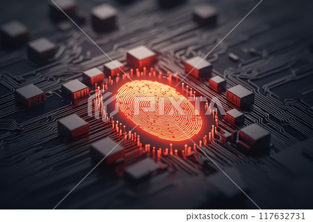 A glowing fingerprint with layers of encrypted data symbols set against a dark theme background 117632731
