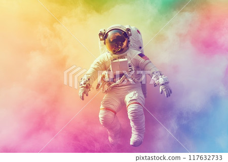 A man in a space suit is floating in a colorful cloud of smoke, Concept of adventure and exploration A man in a space suit is floating in a colorful cloud of smoke, Concept of adventure and exploration 117632733