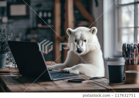 A polar bear is sitting at a desk with a laptop and a cup of coffee, Playful and lighthearted 117632751