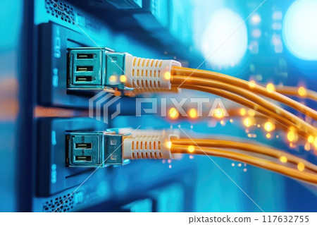 A cable is connected to a computer and a monitor, global networking A cable is connected to a computer and a monitor, global networking 117632755