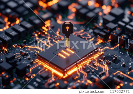 A 3D render of a digital key with holographic locks and encrypted pathways in the background, Access control and information security A 3D render of a digital key with holographic locks and encrypted pathways in the background, Access control and information security 117632771