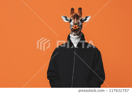 A giraffe is wearing a black jacket, playful and humorous mood, animal funny pop art A giraffe is wearing a black jacket, playful and humorous mood, animal funny pop art 117632787