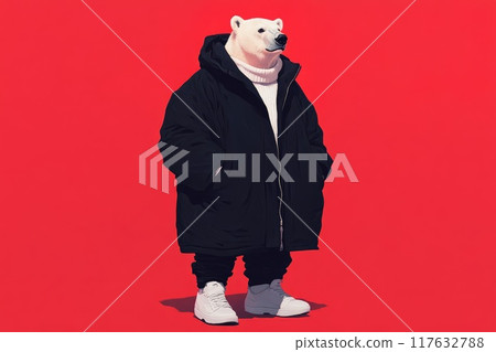 A cartoonish polar bear wearing a black coat, playful and humorous mood, animal funny pop art A cartoonish polar bear wearing a black coat, playful and humorous mood, animal funny pop art 117632788