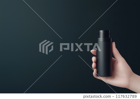 A hand holding a black cosmetic tube, The dark theme background creates a sleek product design with ample copy space for text A hand holding a black cosmetic tube, The dark theme background creates a sleek product design with ample copy space for text 117632789