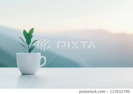 A small plant is in a white cup on a table, Concept of tranquility and calmness A small plant is in a white cup on a table, Concept of tranquility and calmness 117632790