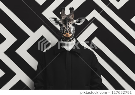 A giraffe is wearing a black jacket and standing in front of a black, stylish animal funny pop art A giraffe is wearing a black jacket and standing in front of a black, stylish animal funny pop art 117632791