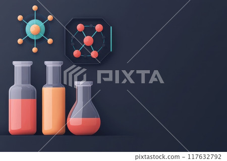 A black background with three glass beakers of different colors and a red sphere, Concept of scientific exploration A black background with three glass beakers of different colors and a red sphere, Concept of scientific exploration 117632792