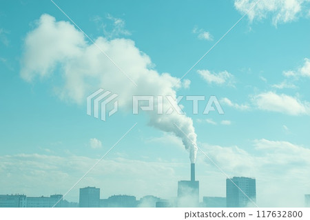 A large cloud of smoke is rising from a factory in the distance, factory pollution A large cloud of smoke is rising from a factory in the distance, factory pollution 117632800