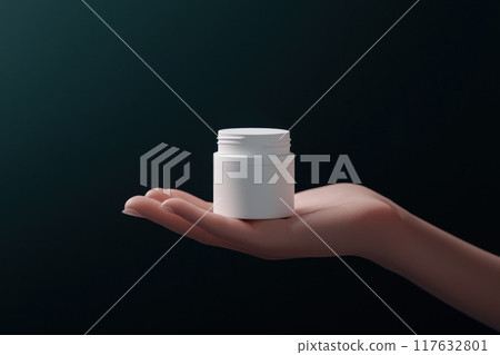 A hand holding a white cosmetic jar, Product design with ample copy space for text A hand holding a white cosmetic jar, Product design with ample copy space for text 117632801