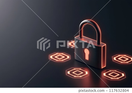 A high-definition 3D illustration of a futuristic digital padlock on dark theme background, Strong of cyber security 117632804