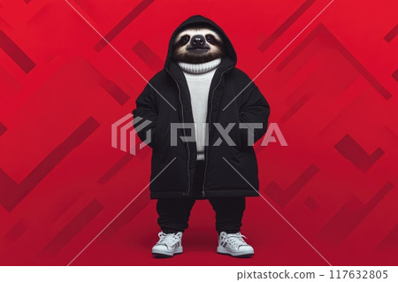 A cartoonish image of a sloth wearing a black jacket and white sweater, animal funny pop art 117632805