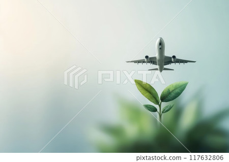A white airplane is flying over a green plant, Concept of a sustainable future with green energy 117632806