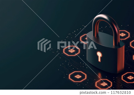 A black lock with a key on it is surrounded by a pattern of squares, Concept of security and protection A black lock with a key on it is surrounded by a pattern of squares, Concept of security and protection 117632810