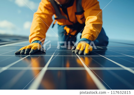 A worker wearing safety gear is placing solar panels on the roof, green energy and sustainable power technology 117632815