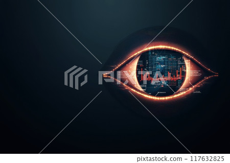 A holographic eye icon, filled with dynamic data streams and key e-commerce metrics A holographic eye icon, filled with dynamic data streams and key e-commerce metrics 117632825