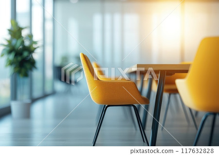 A stylish modern meeting room in a modern office with blurred motion 117632828