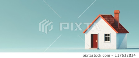 A white house with a red roof and a chimney 117632834